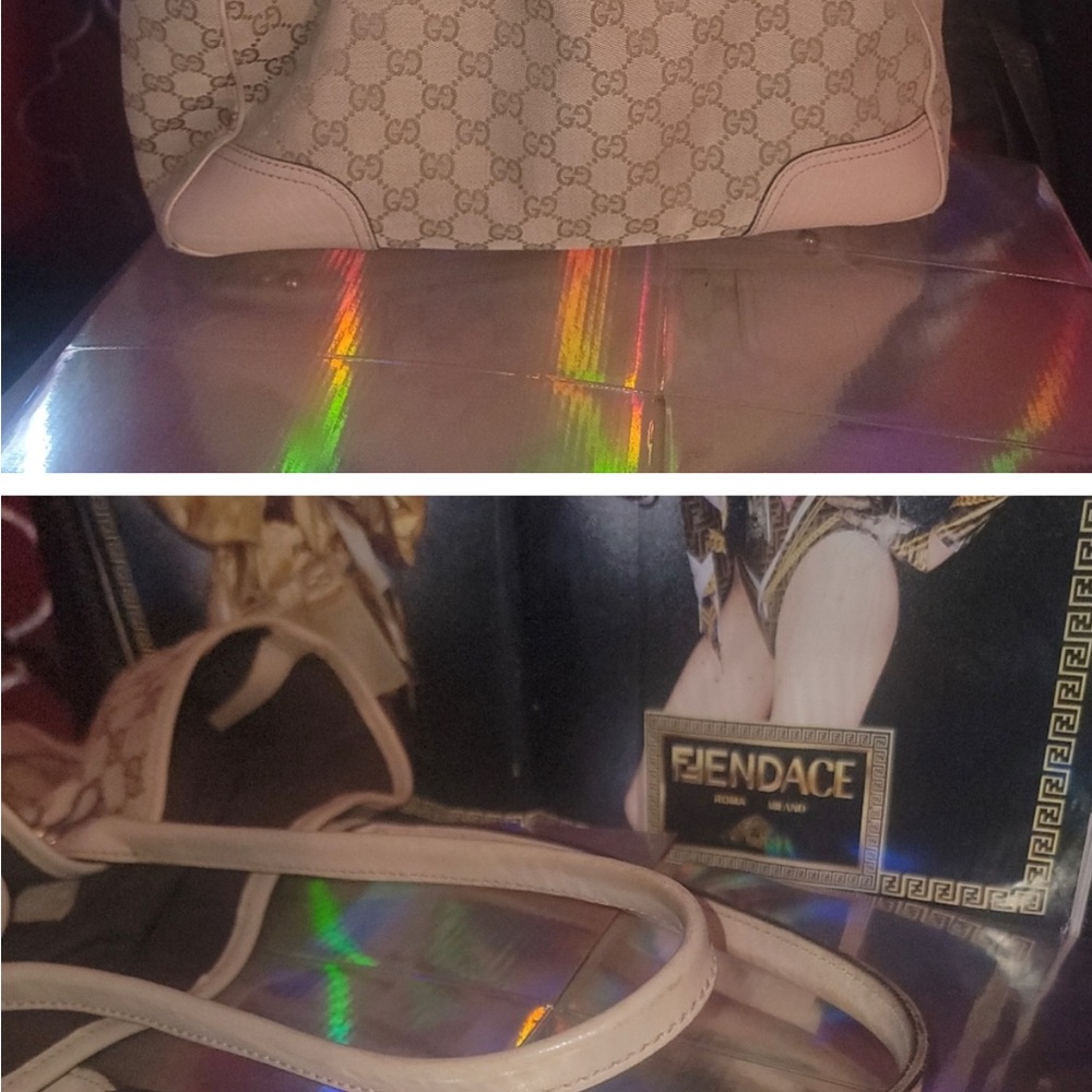 Gucci Beige Pastel Pink Princy Large GG Canvas Shoulder Bag Tote With Bow